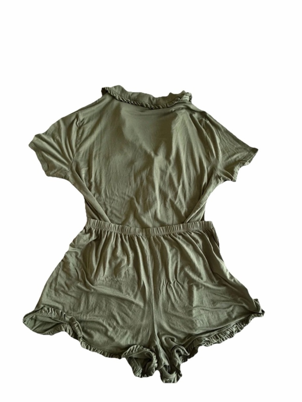 Aerie Ruffle Pajama Set Womens M Green Jersey Button Front Short Sleeve Lounge - Picture 2 of 7